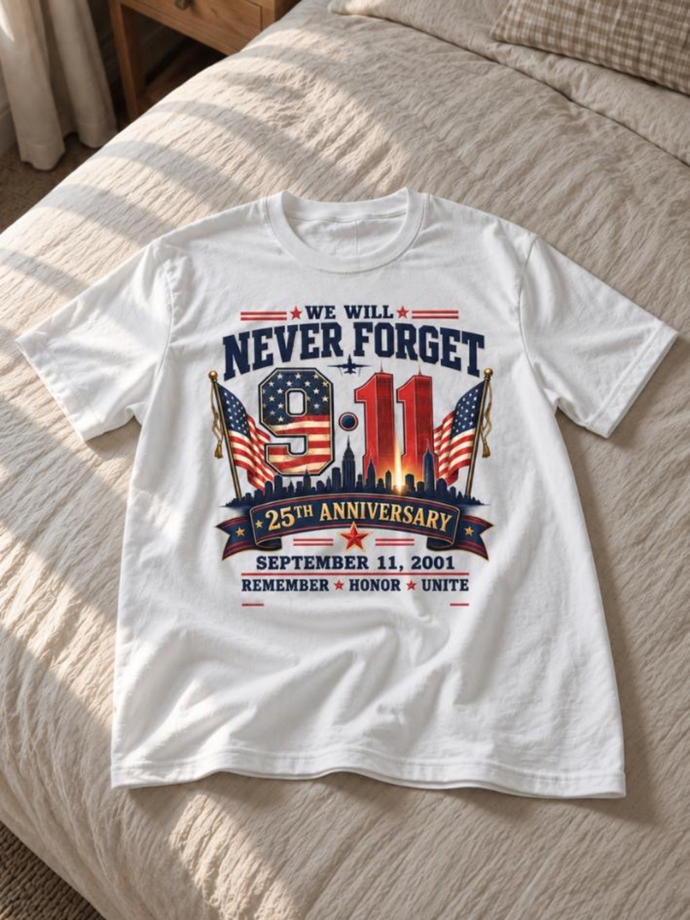 9/11 Remembrance Graphic Tee, 911 25th Anniversary Patriotic Unisex Shirt